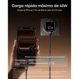 Carregador Anker Nano 45W Preto USB-C, infográfico: carrega iPhone 17 Pro a 50% em 20 min vs 37% a 20W
