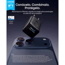 Carregador Anker Nano 45W Preto USB-C, lifestyle: carregador flutuando sobre iPhone com tela de carregamento ativo