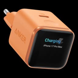Carregador Anker Nano 45W Laranja 1 USB-C compacto, plug europeu, corpo laranja fosco, face frontal preta com display Charging e porta USB-C superior