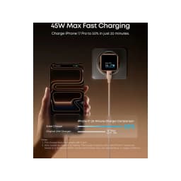 Carregador Anker Nano 45W Smart Display Laranja 1 USB-C ligado, infográfico: carrega iPhone 17 Pro a 50% em 20 min