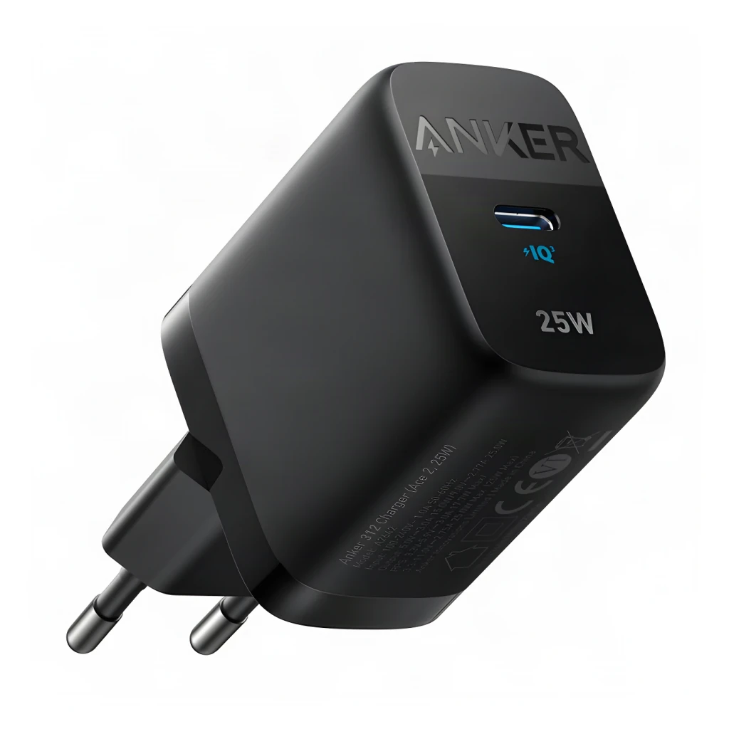 Cargador de pared Anker 312 25W Negro 1 USB-C, vista frontal en ángulo: puerto USB-C iluminado en azul, logo Anker y clavija