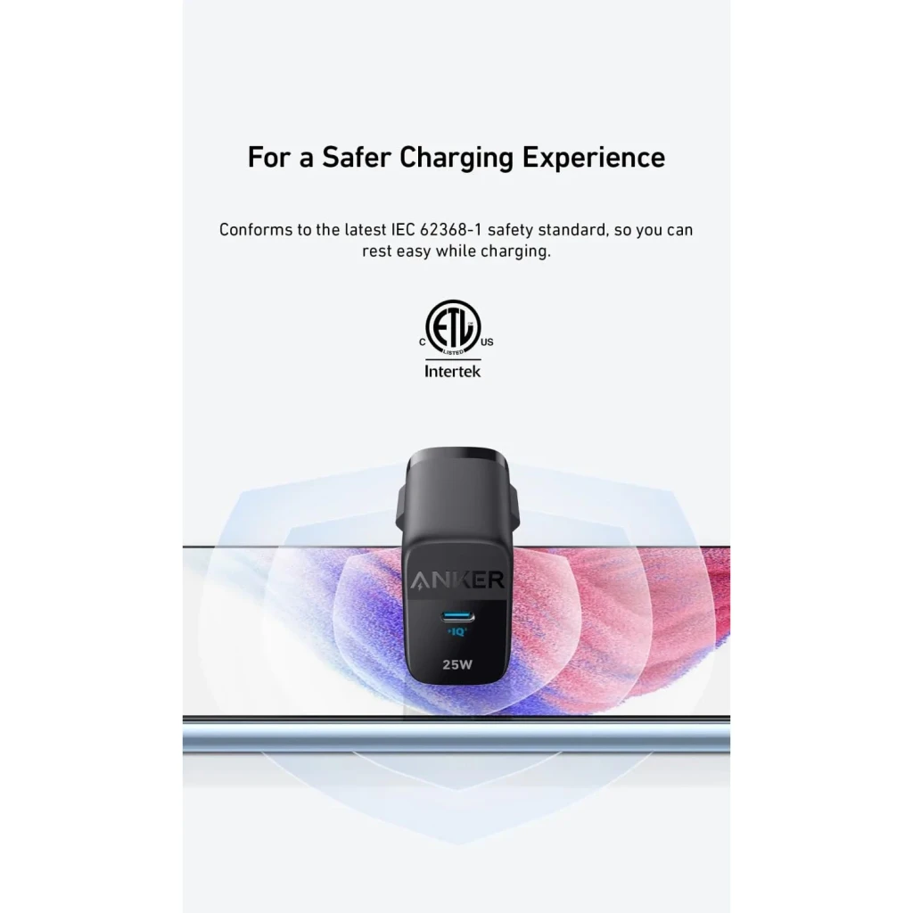 Cargador de pared Anker 312 25W Negro 1 USB-C, frontal: puerto USB-C y logo 25W visibles, certificación ETL Intertek
