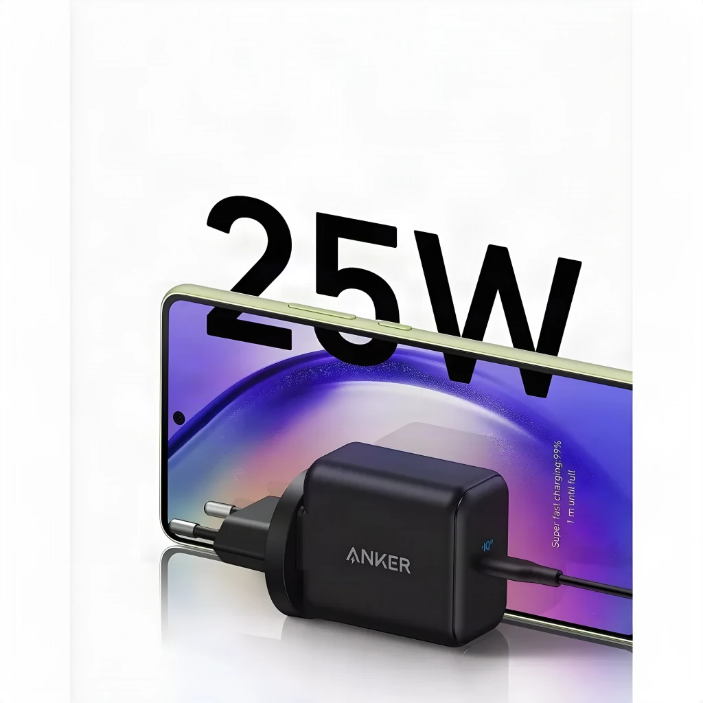 Cargador de pared Anker 312 25W Negro 1 USB-C, lifestyle: cargador conectado a smartphone con texto 25W