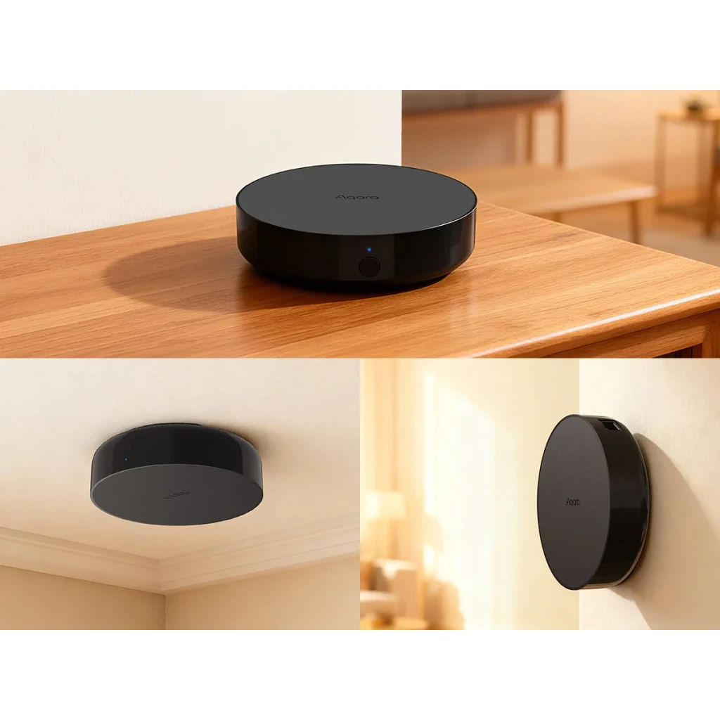 Aqara Hub M200 Negro Matter, Thread, Zigbee 3.0, WiFi 6, tres vistas: sobre mesa, en techo y en pared