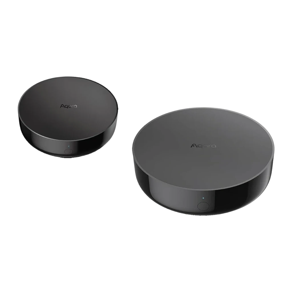 Aqara Hub M200 Negro Matter, Thread, Zigbee 3.0, WiFi 6, dos unidades: vista superior e isométrica con logo y LED azul