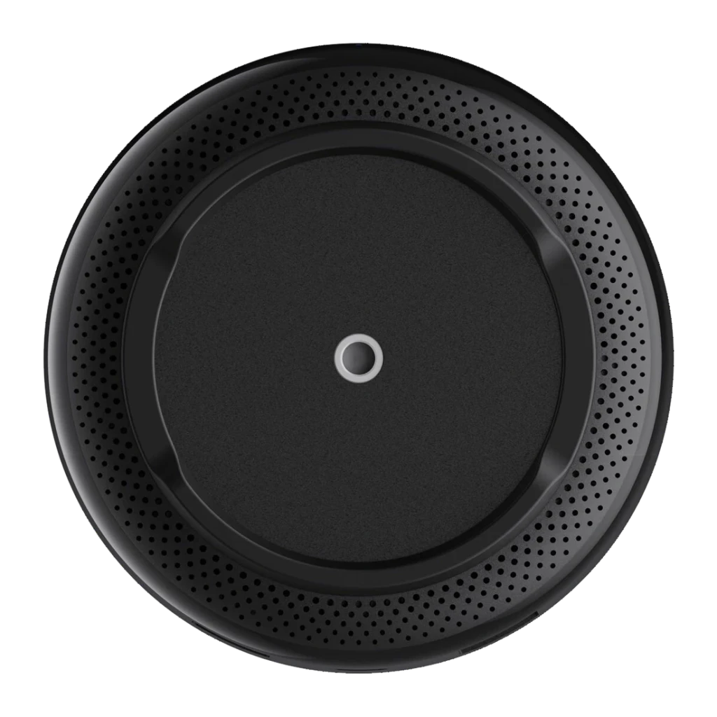 Aqara Hub M200 Negro Matter, Thread, Zigbee 3.0, WiFi 6, vista superior: rejilla perforada circular y botón central