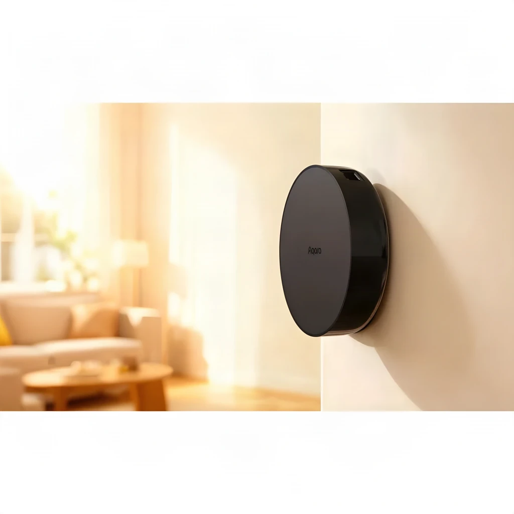 Aqara Hub M200 Negro Matter, Thread, Zigbee 3.0, WiFi 6, montado en pared: diseño circular negro en salón desenfocado