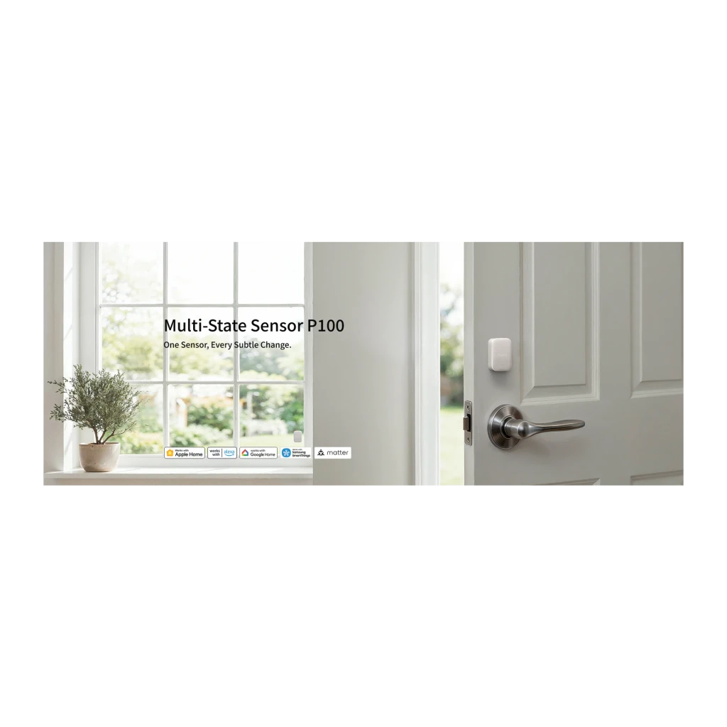 Sensor inteligente Aqara Multi-State P100 Kit Gris Zigbee y Thread, escena: instalado en puerta blanca con logos