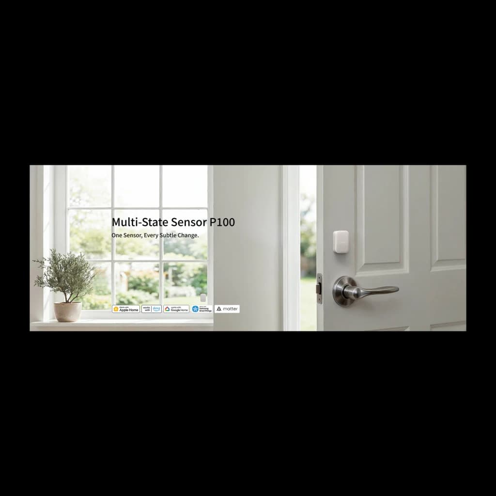 Sensor inteligente Aqara Multi-State P100 Kit Cinzento Zigbee e Thread, cena: instalado em porta branca com logótipos
