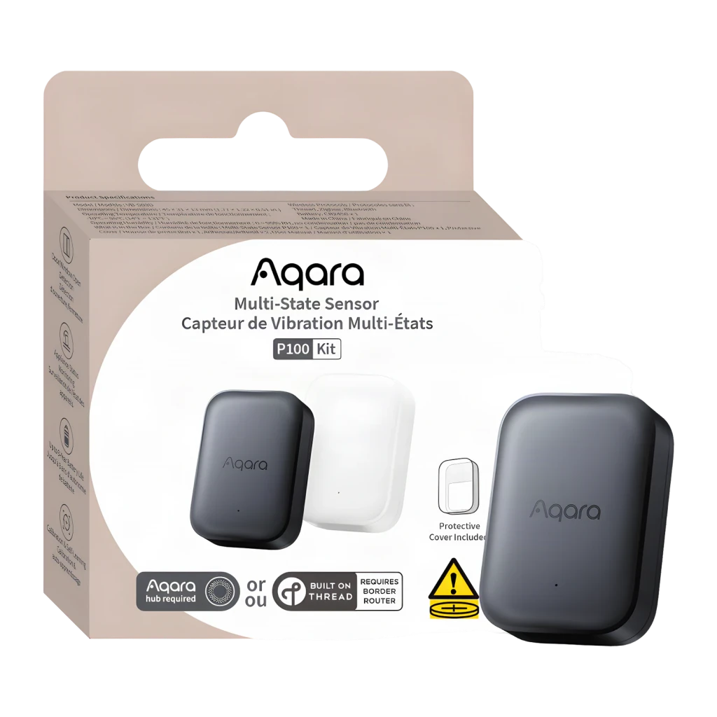 Sensor inteligente Aqara Multi-State P100 Kit Cinzento Zigbee e Thread, caixa frontal: embalagem com sensor cinzento