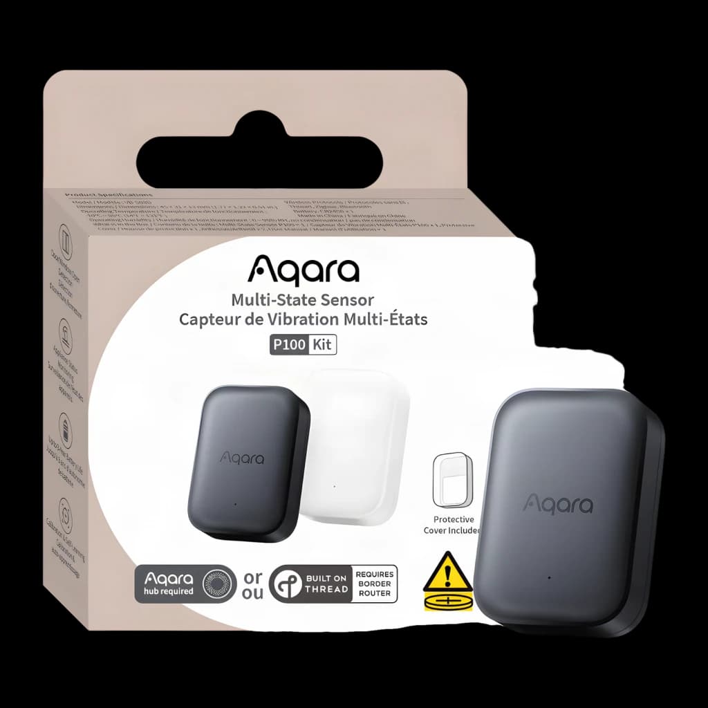 Sensor inteligente Aqara Multi-State P100 Kit Cinzento Zigbee e Thread, caixa frontal: embalagem com sensor cinzento