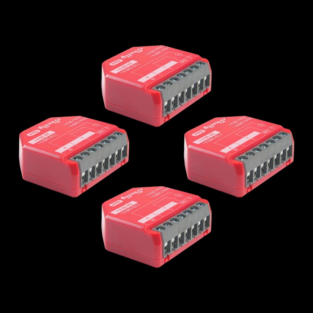 Relais intelligent Shelly 1PM Gen4 Pack 4 unités Rouge Mesure de consommation, vue principale: 4 unités rouges avec borniers
