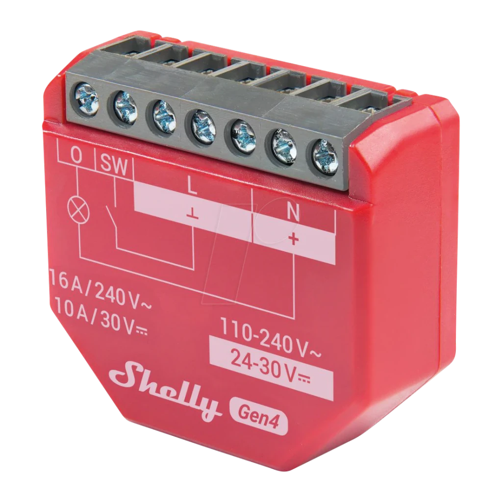 Relais intelligent Shelly 1PM Gen4 Pack 4 unités Rouge Mesure de consommation, vue latérale: borniers de connexion et schéma