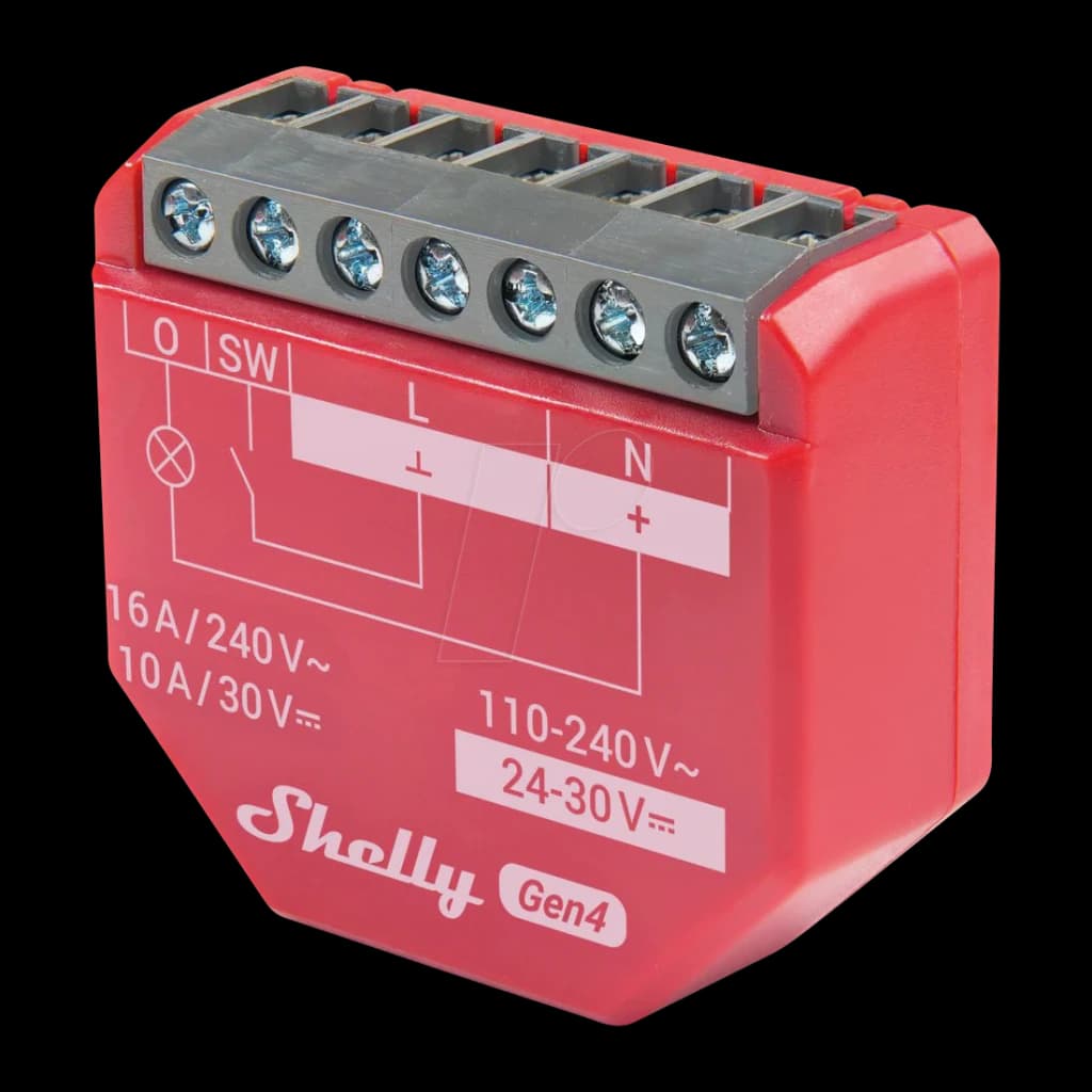 Relais intelligent Shelly 1PM Gen4 Pack 4 unités Rouge Mesure de consommation, vue latérale: borniers de connexion et schéma