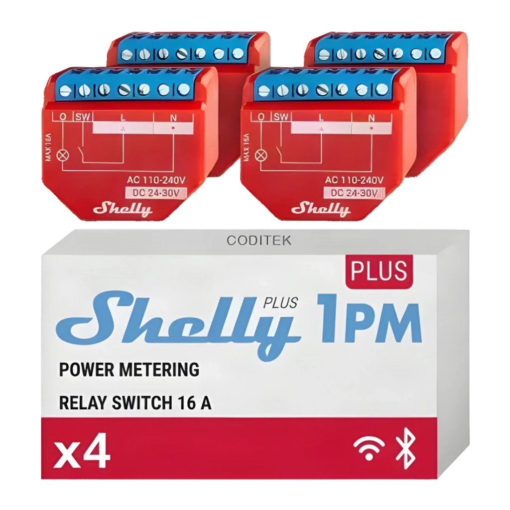 Relais intelligent Shelly 1PM Gen4 Pack 4 unités Rouge Mesure de consommation, pack: 4 modules rouges avec boîte x4 WiFi