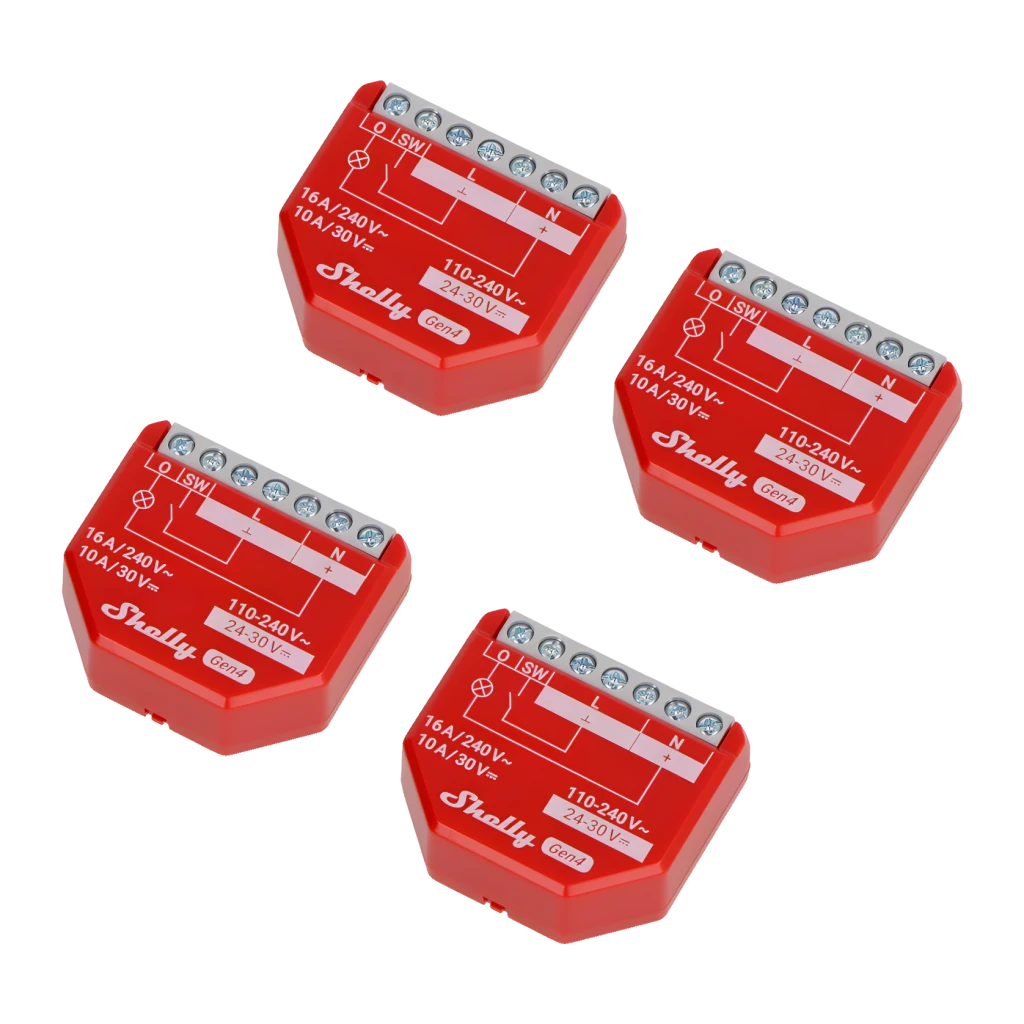 Relais intelligent Shelly 1PM Gen4 Pack 4 unités Rouge Mesure de consommation, vue dessus: 4 modules rouges avec borniers