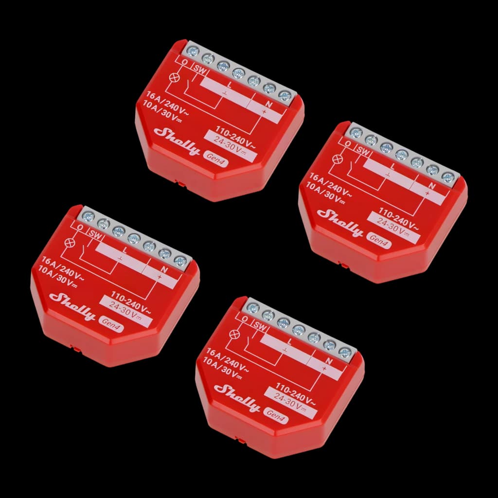 Relais intelligent Shelly 1PM Gen4 Pack 4 unités Rouge Mesure de consommation, vue dessus: 4 modules rouges avec borniers