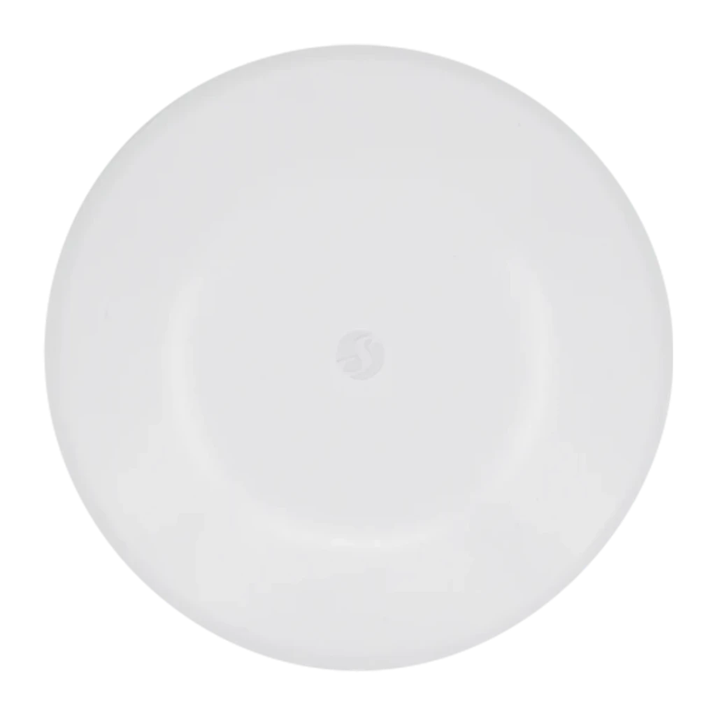 Capteur d'inondation Shelly Flood S Gen4 Matter / Zigbee 3.0 / WiFi, vue dessus: boîtier circulaire blanc avec logo Shelly