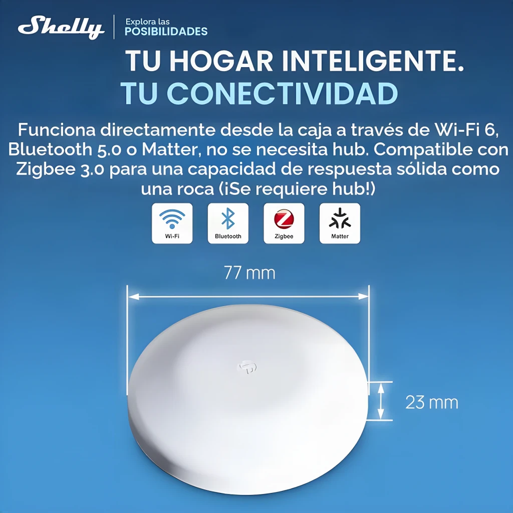 Capteur d'inondation Shelly Flood S Gen4 Matter / Zigbee 3.0 / WiFi, infographie: dimensions 77x23 mm et icônes WiFi
