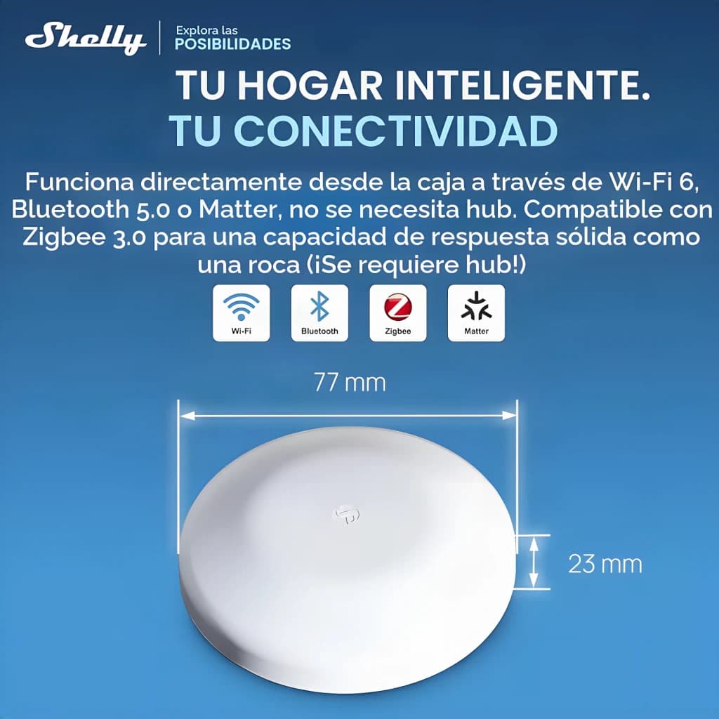 Capteur d'inondation Shelly Flood S Gen4 Matter / Zigbee 3.0 / WiFi, infographie: dimensions 77x23 mm et icônes WiFi