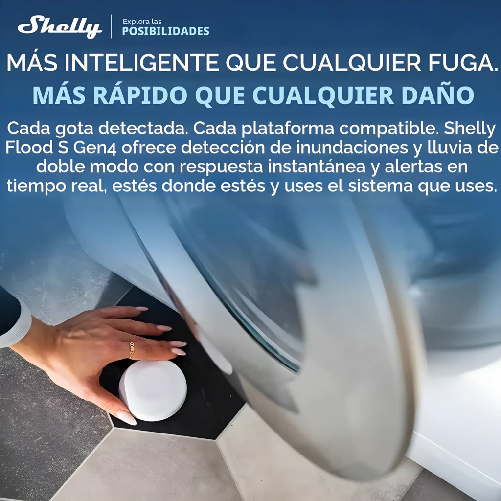 Capteur d'inondation Shelly Flood S Gen4 Matter / Zigbee 3.0 / WiFi, lifestyle: main posant le capteur blanc près d'un