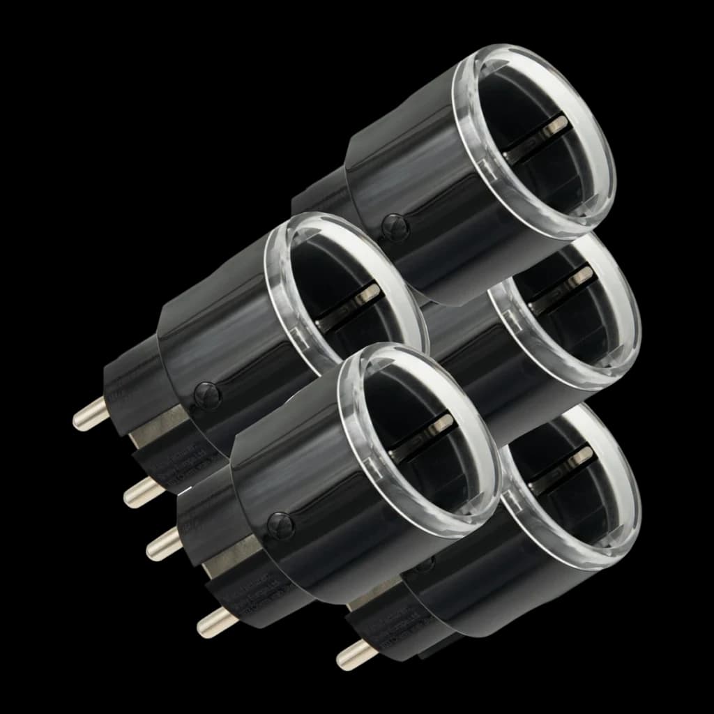 Pack de 5 adaptateurs Shelly Plug S Gen3 noirs, compacts et ronds, finition brillante avec anneau translucide, prise Schuko 12A, design uniforme et soigné