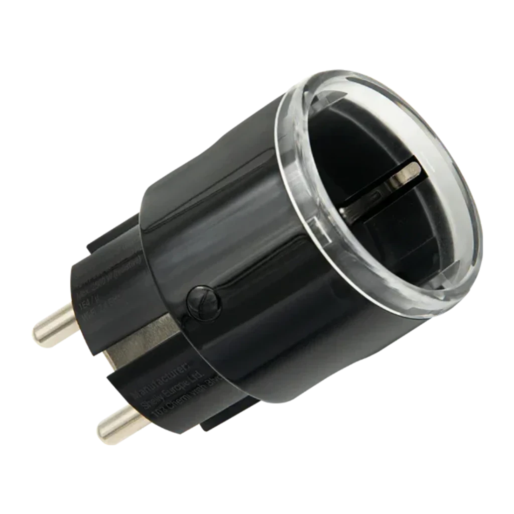 Prise intelligente Shelly Plug S Gen3 Matter Pack 5 Noir Mesure de Consommation 12A, vue diagonale: broches Schuko, anneau