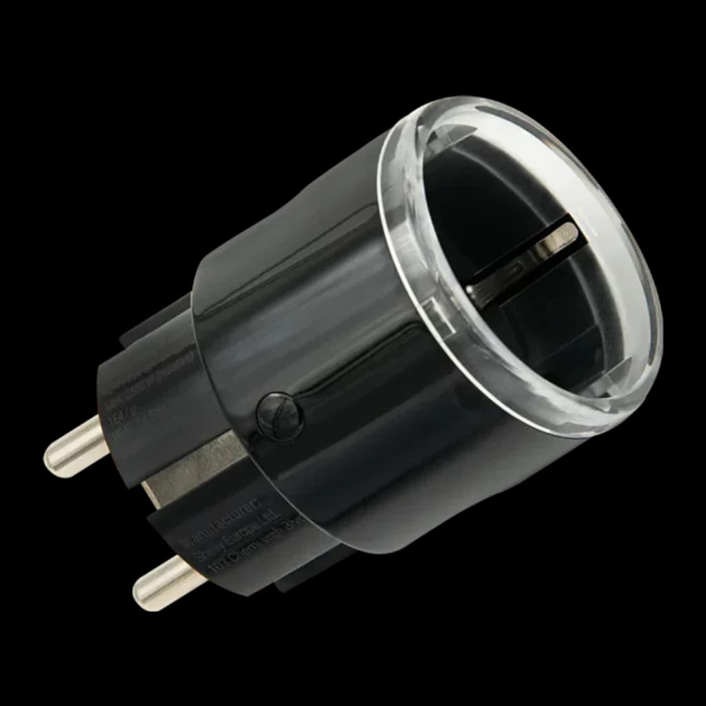 Prise intelligente Shelly Plug S Gen3 Matter Pack 5 Noir Mesure de Consommation 12A, vue diagonale: broches Schuko, anneau