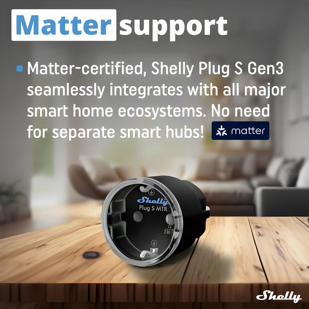 Prise intelligente Shelly Plug S Gen3 Matter Pack 5 Noir Mesure de Consommation 12A, infographie: support Matter, vue