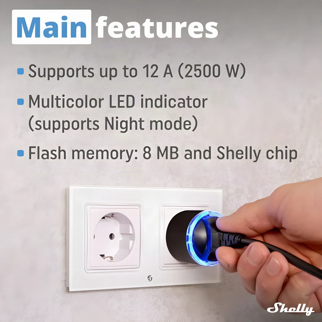 Prise intelligente Shelly Plug S Gen3 Matter Pack 5 Noir Mesure de Consommation 12A, caractéristiques: anneau LED bleu