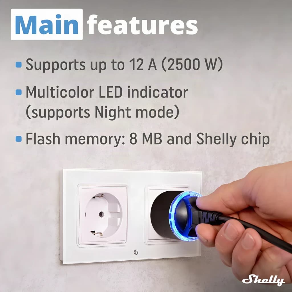Prise intelligente Shelly Plug S Gen3 Matter Pack 5 Noir Mesure de Consommation 12A, caractéristiques: anneau LED bleu
