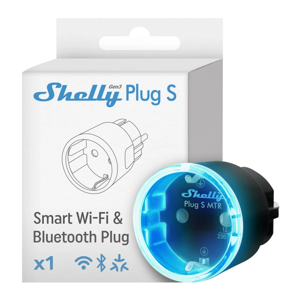 Prise intelligente Shelly Plug S Gen3 Matter Pack 5 Noir Mesure de Consommation 12A, boîte avec unité: emballage face avant