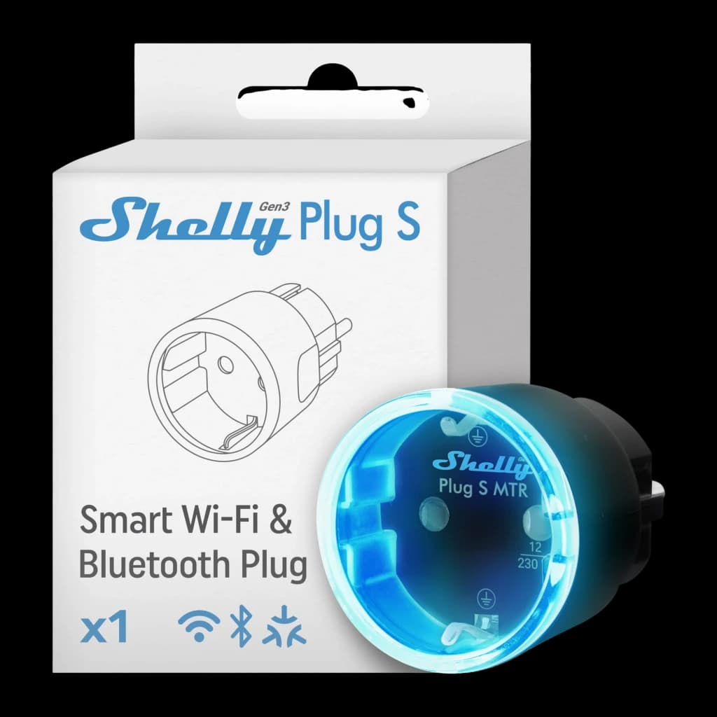 Prise intelligente Shelly Plug S Gen3 Matter Pack 5 Noir Mesure de Consommation 12A, boîte avec unité: emballage face avant