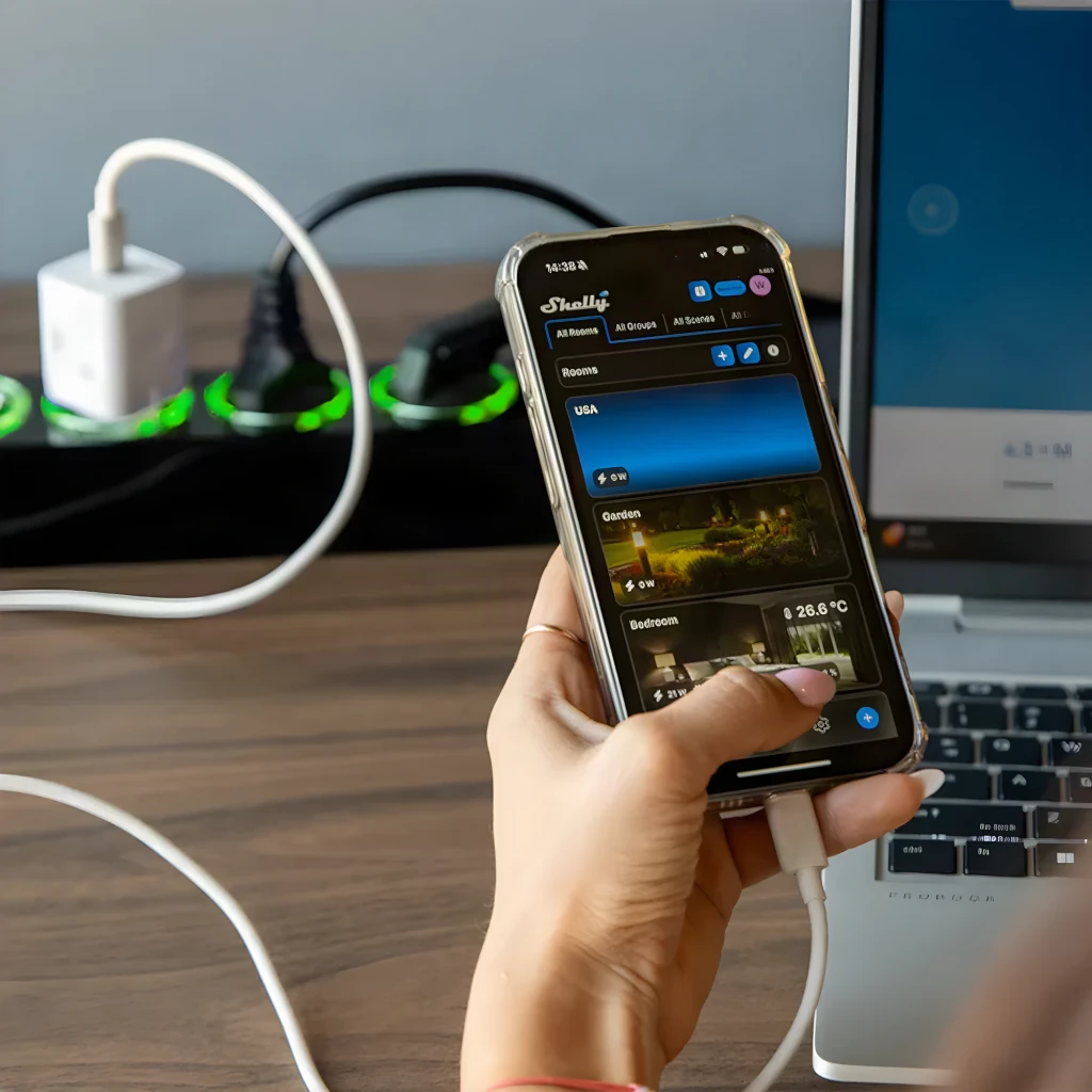 Regleta inteligente Shelly Power Strip 4 Gen4 Blanco Protección sobrecargas WiFi 16A, uso: mano sostiene móvil con app