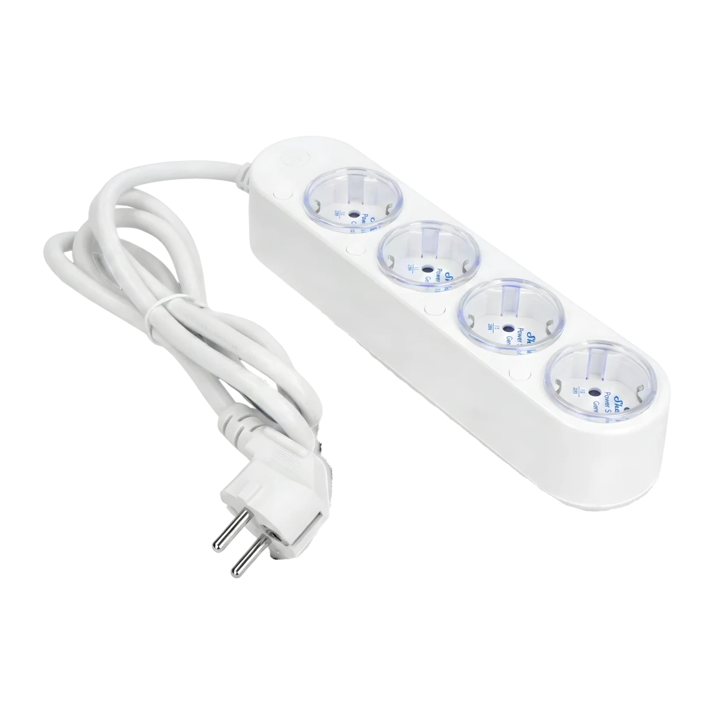 Regleta inteligente Shelly Power Strip 4 Gen4 Blanco Protección sobrecargas WiFi 16A, vista diagonal: 4 tomas con anillo LED