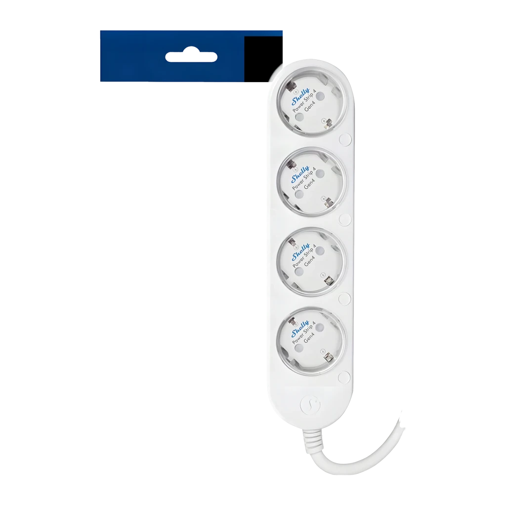 Regleta inteligente Shelly Power Strip 4 Gen4 Blanco Protección sobrecargas WiFi 16A, vista frontal: 4 enchufes Schuko