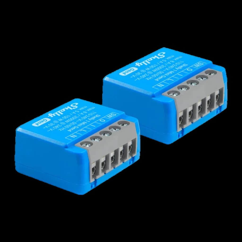 Relais intelligent Shelly 1 Mini Gen4 Pack 2 unités Bleu Matter WiFi 6 8A, vue avant: deux modules bleus avec borniers gris