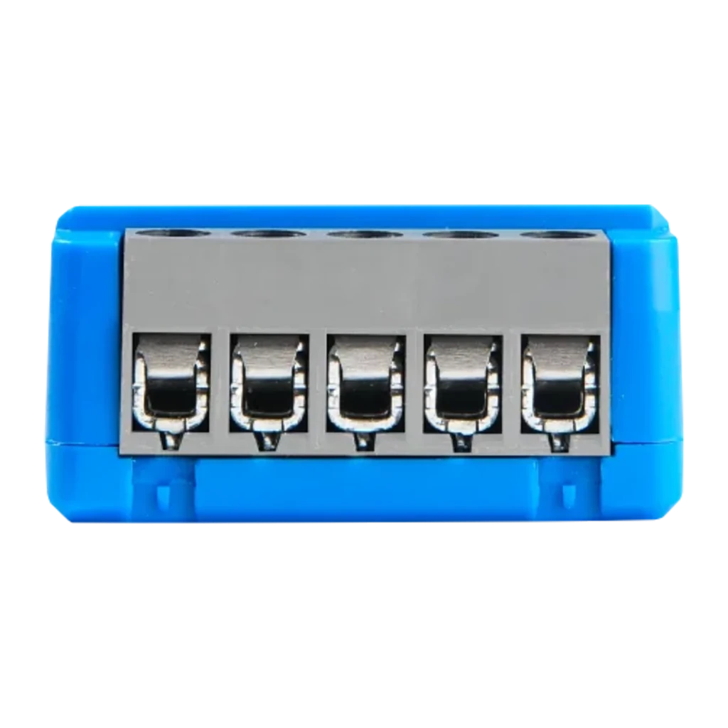 Relais intelligent Shelly 1 Mini Gen4 Pack 2 unités Bleu Matter WiFi 6 8A, vue avant: bloc de 5 bornes métalliques