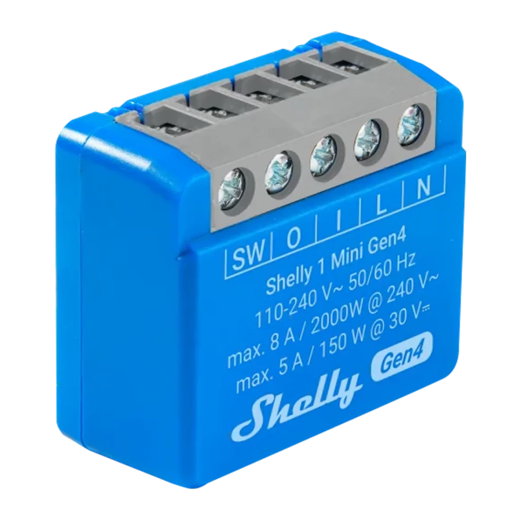 Relais intelligent Shelly 1 Mini Gen4 Pack 2 unités Bleu Matter WiFi 6 8A, vue avant-latérale: bornier gris et étiquette