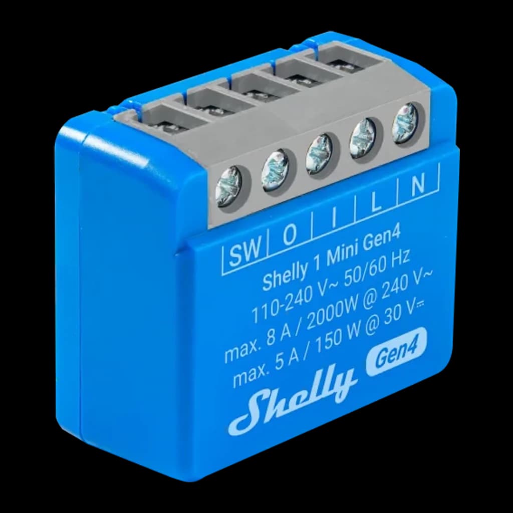 Relais intelligent Shelly 1 Mini Gen4 Pack 2 unités Bleu Matter WiFi 6 8A, vue avant-latérale: bornier gris et étiquette