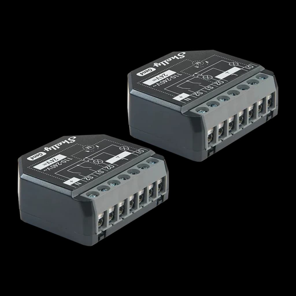 Interrupteur intelligent Shelly 2PM Gen4 Pack 2 unités Noir Matter WiFi, vue principale: deux unités en perspective