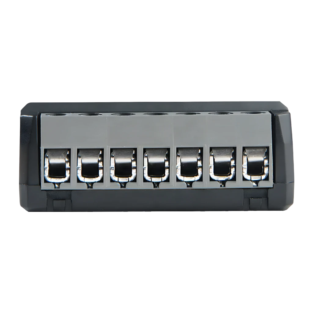 Interrupteur intelligent Shelly 2PM Gen4 Pack 2 unités Noir Matter WiFi, vue avant: 7 bornes métalliques avec leviers à