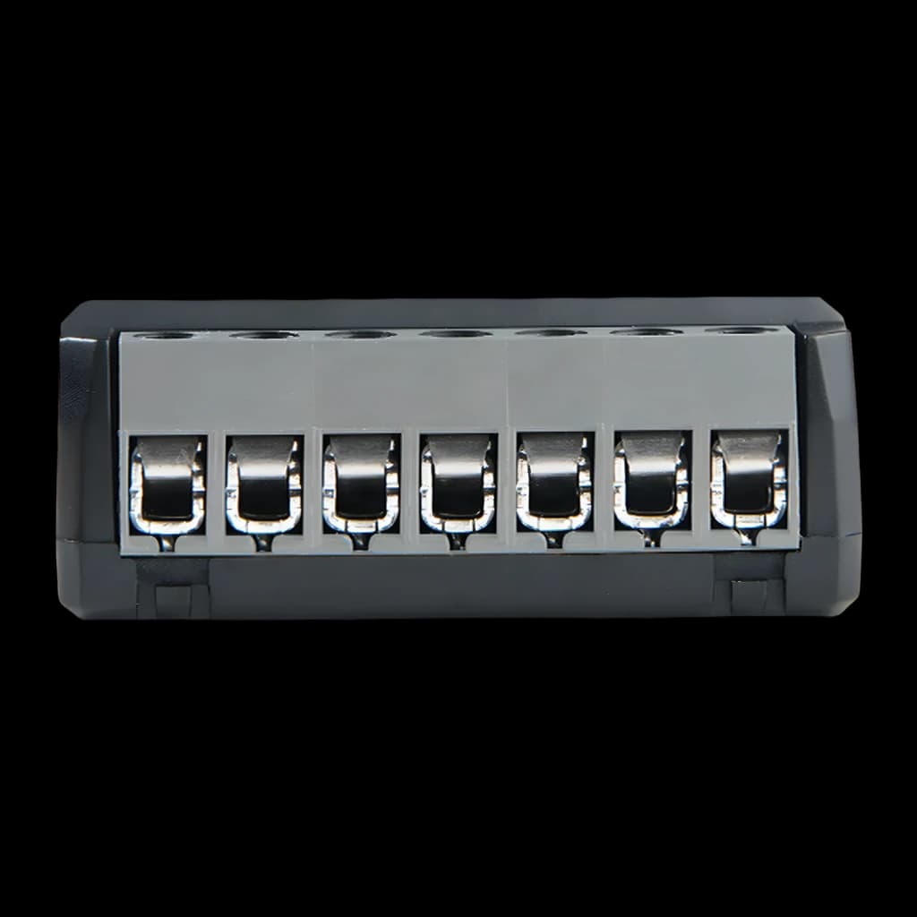 Interrupteur intelligent Shelly 2PM Gen4 Pack 2 unités Noir Matter WiFi, vue avant: 7 bornes métalliques avec leviers à
