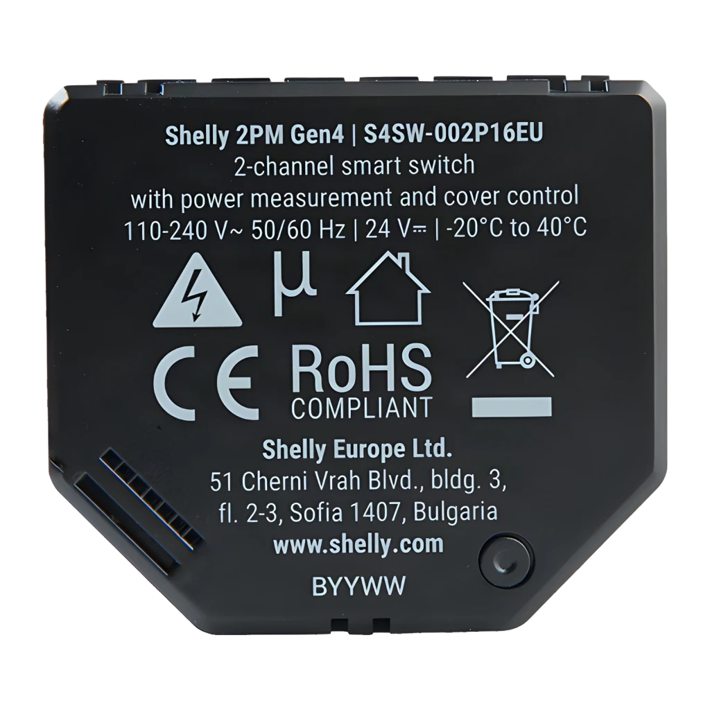 Interrupteur intelligent Shelly 2PM Gen4 Pack 2 unités Noir Matter WiFi, vue arrière: étiquette avec spécifications