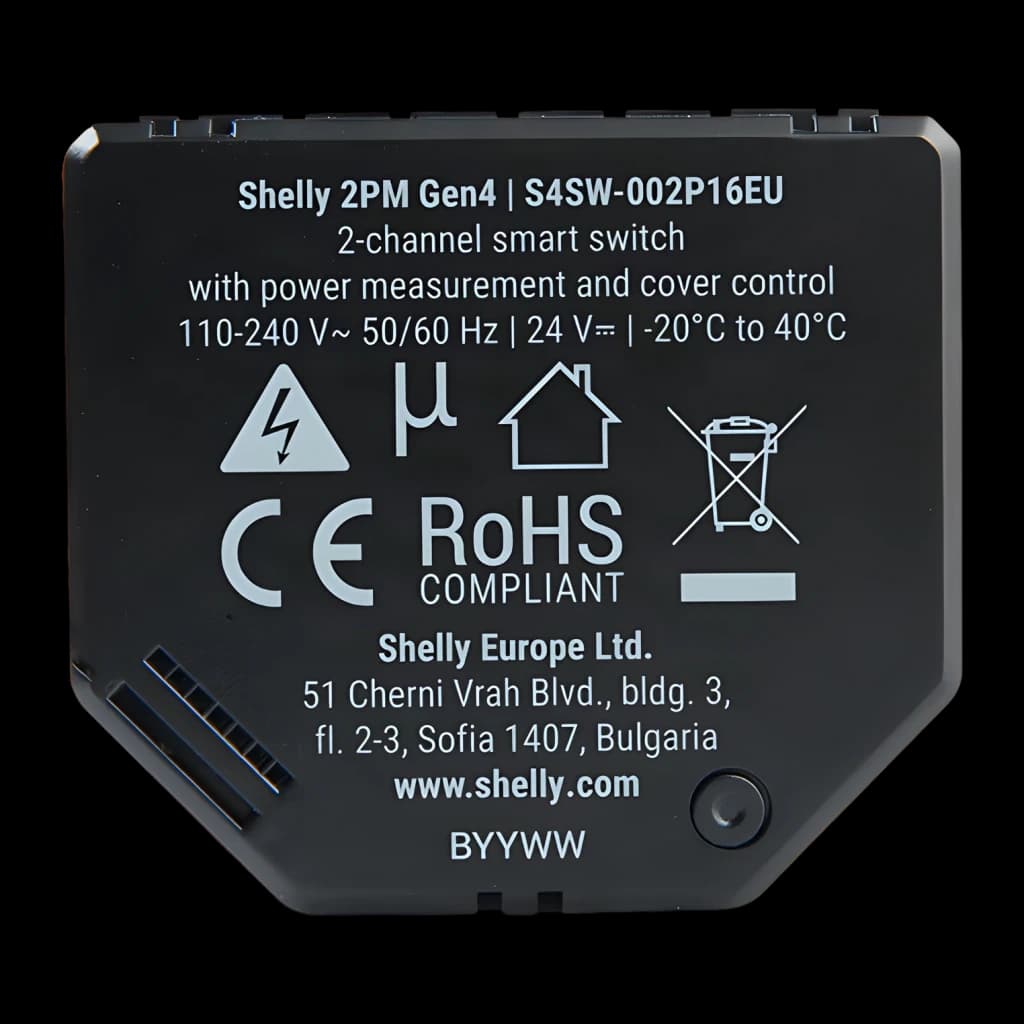 Interrupteur intelligent Shelly 2PM Gen4 Pack 2 unités Noir Matter WiFi, vue arrière: étiquette avec spécifications