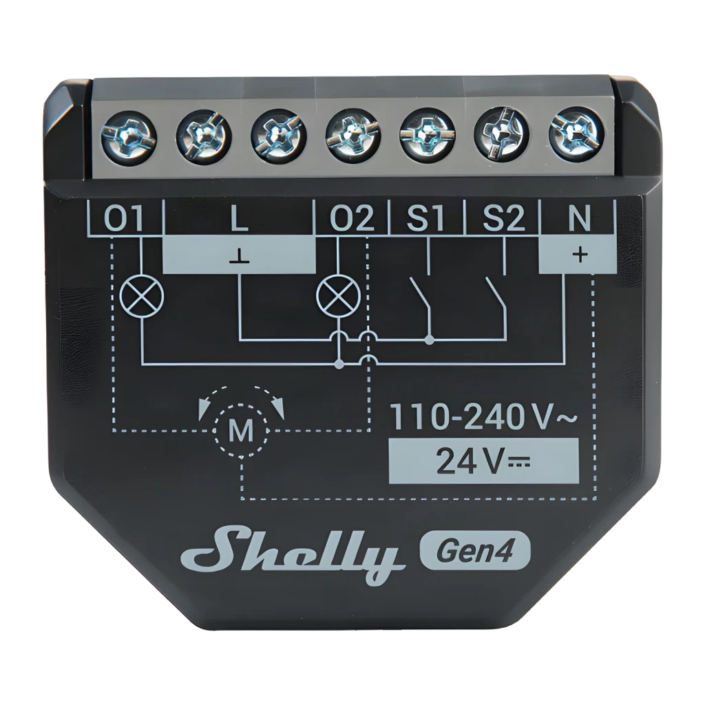 Interrupteur intelligent Shelly 2PM Gen4 Pack 2 unités Noir Matter WiFi, face avant: schéma de câblage avec bornes O1 L O2