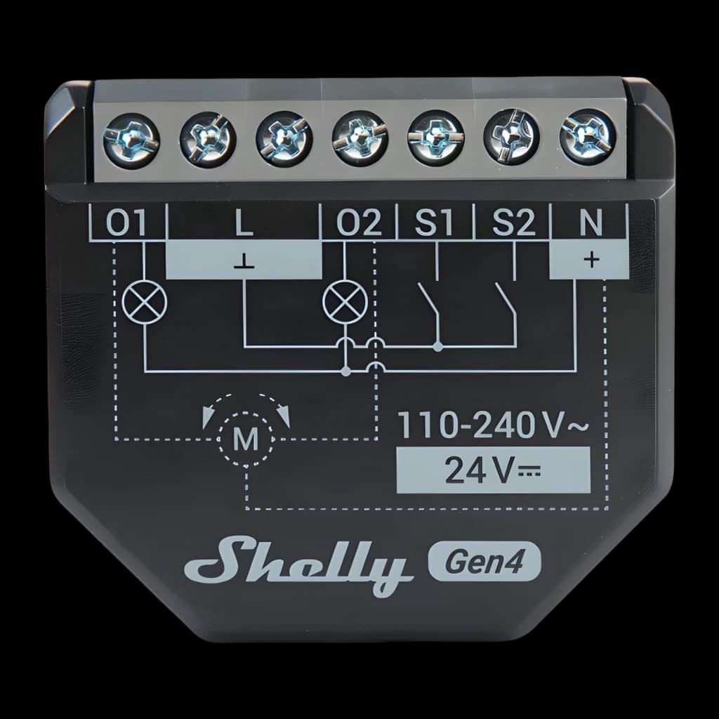 Interrupteur intelligent Shelly 2PM Gen4 Pack 2 unités Noir Matter WiFi, face avant: schéma de câblage avec bornes O1 L O2