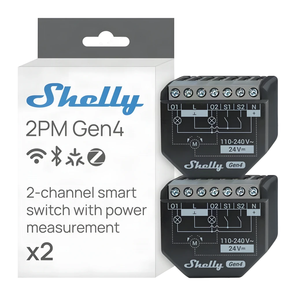 Interrupteur intelligent Shelly 2PM Gen4 Pack 2 unités Noir Matter WiFi, pack: boîte et 2 modules noirs avec bornes