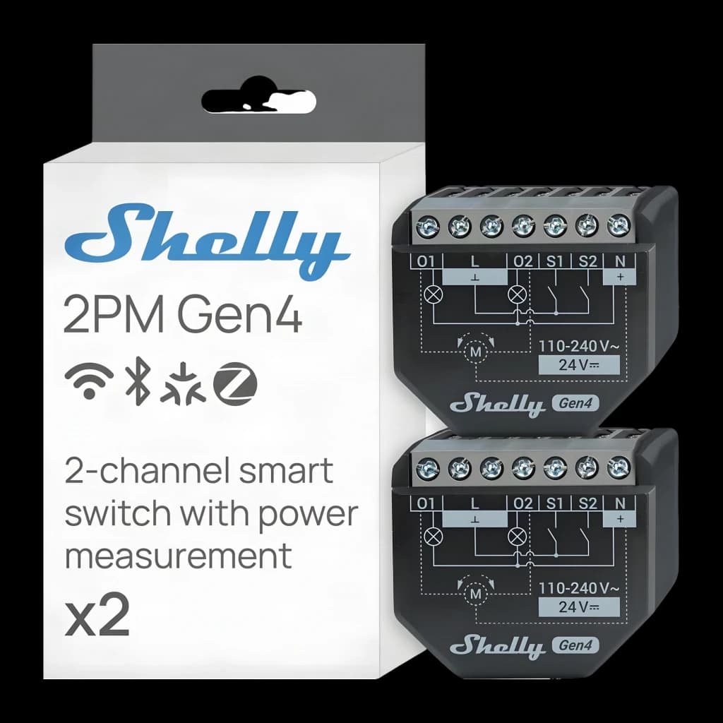 Interrupteur intelligent Shelly 2PM Gen4 Pack 2 unités Noir Matter WiFi, pack: boîte et 2 modules noirs avec bornes