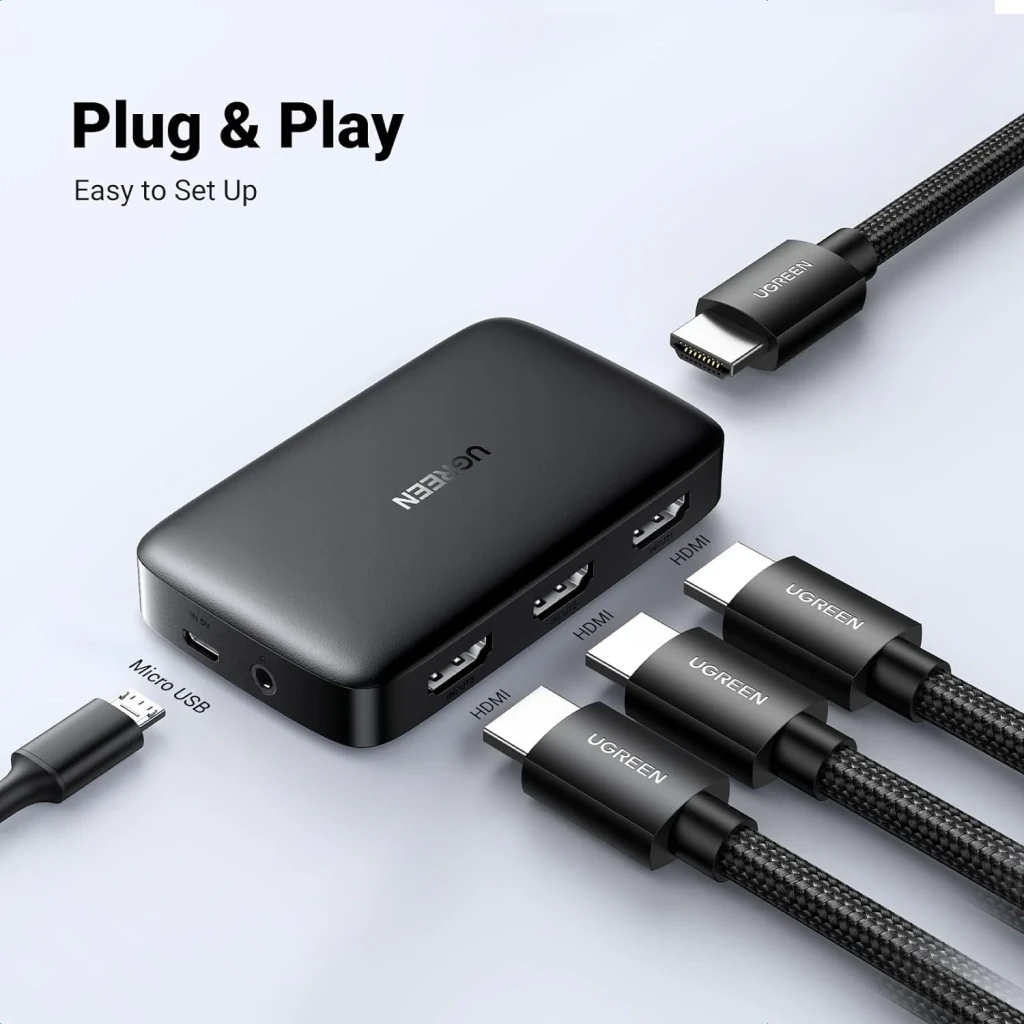 Ugreen Switch HDMI CM332 3em1 4K 30Hz preto, vista portas: 3 portas HDMI e Micro USB com cabos trançados conectados